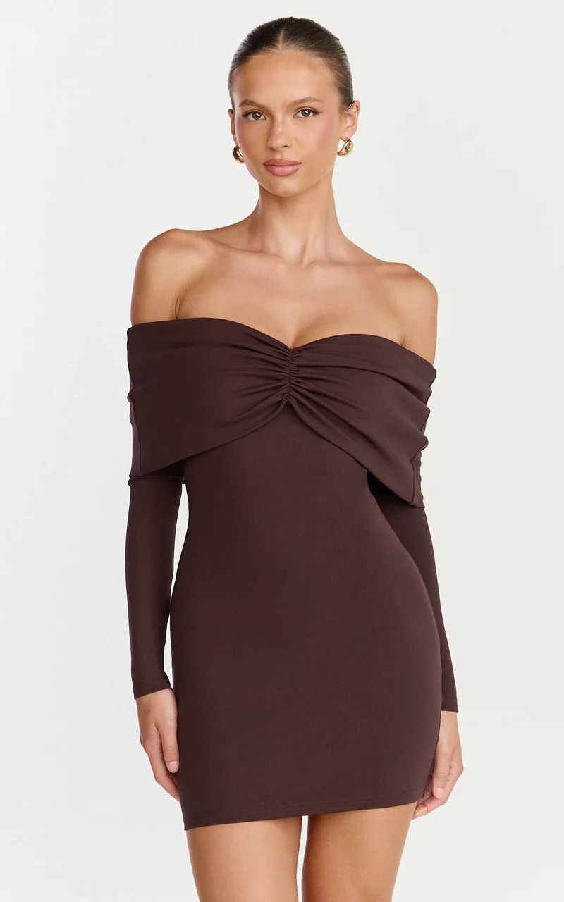 Rani Mini Dress - Off Shoulder Long Sleeve Bodycon Dress in Chocolate
