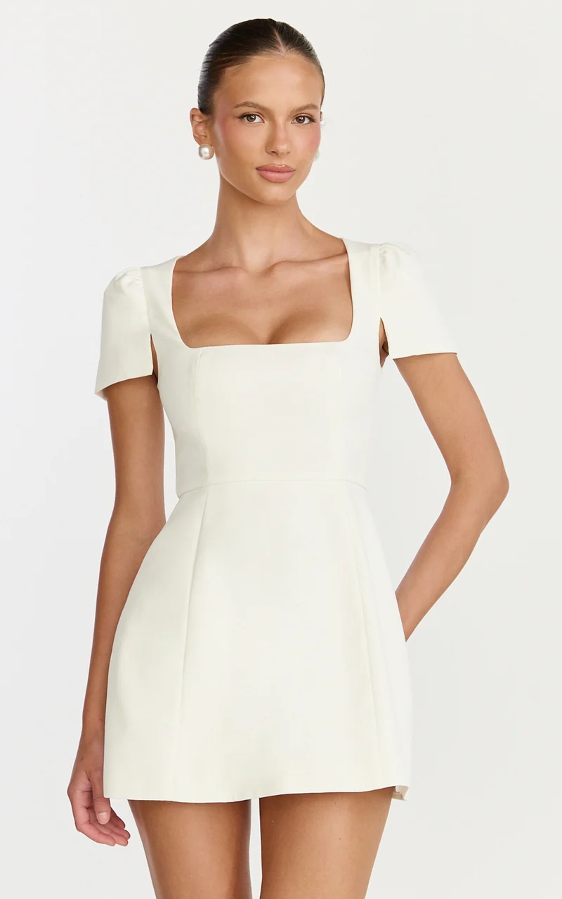 Zinnia Mini Dress - Square Neck Tulip Dress in White