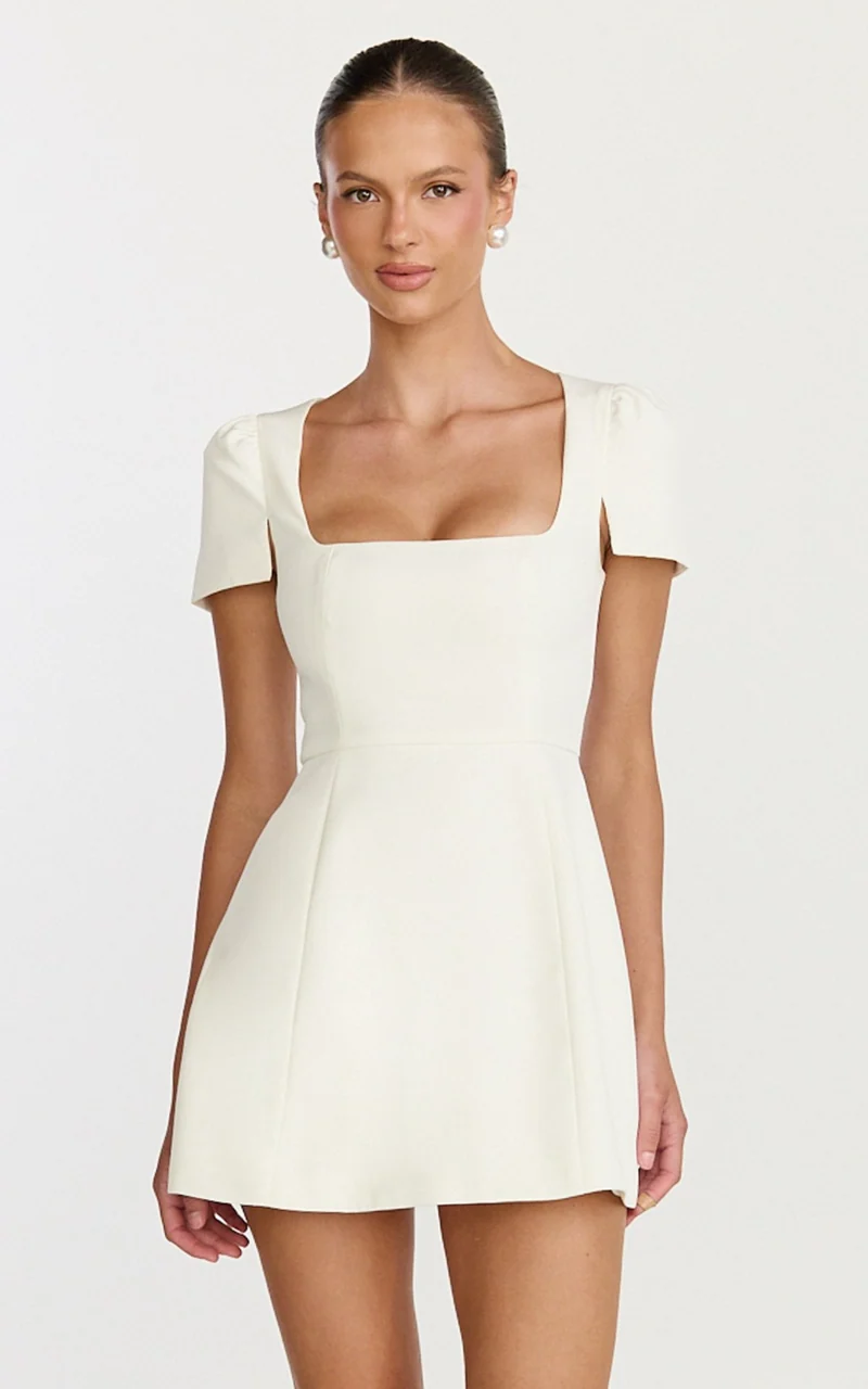 Zinnia Mini Dress - Square Neck Tulip Dress in White