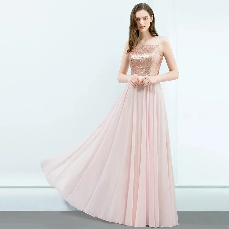 Robe demoiselle d'honneur rose poudré longue