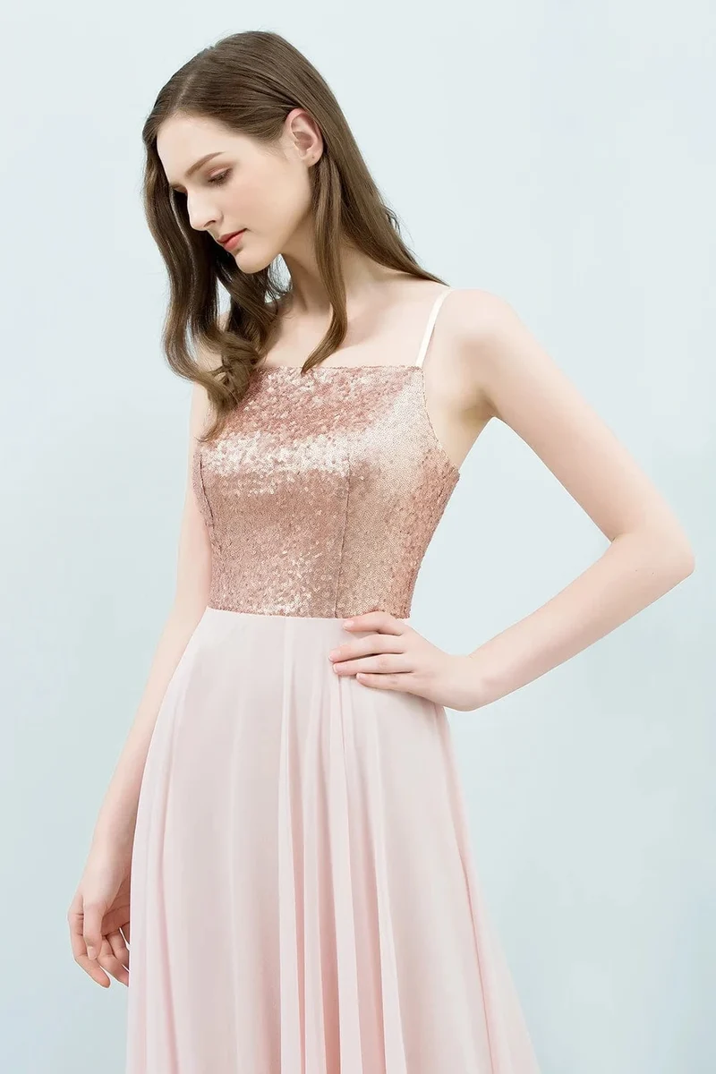 Robe demoiselle d'honneur rose poudré longue