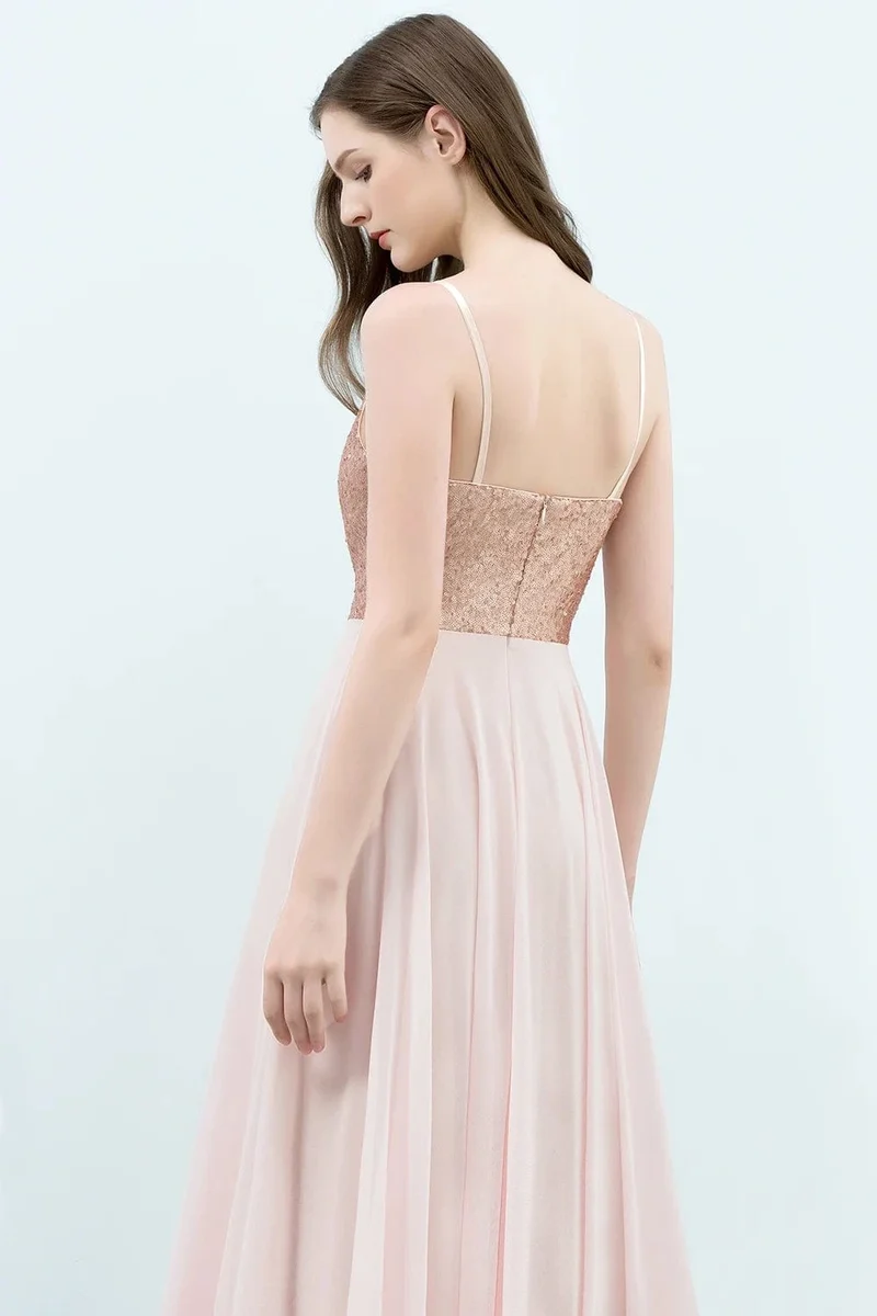 Robe demoiselle d'honneur rose poudré longue