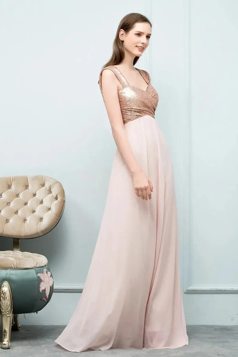 Robe demoiselle d'honneur rose poudré haut doré