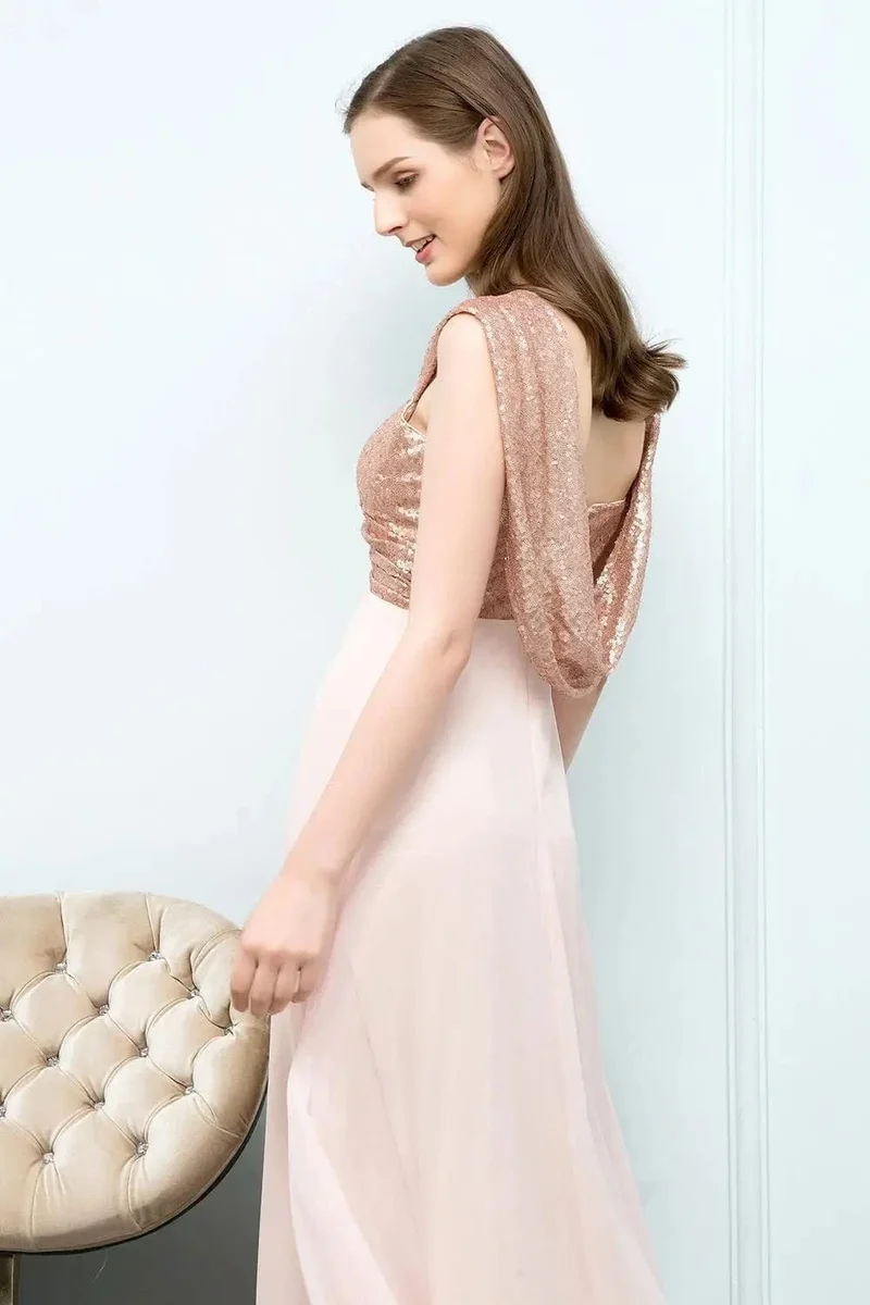 Robe demoiselle d'honneur rose poudré haut doré