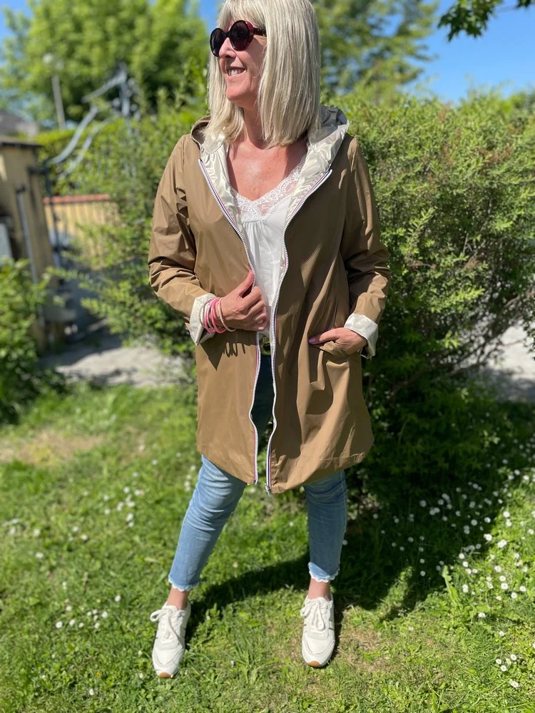 Veste imperméable Laura réversible longue camel et doré