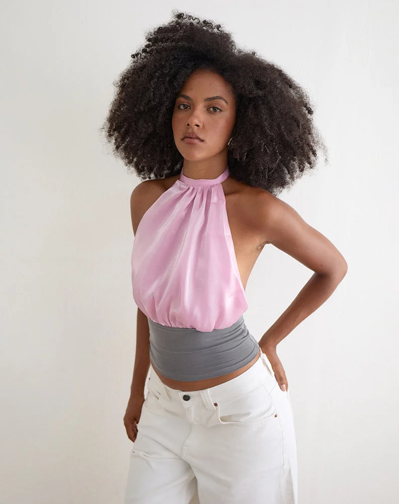 Haut dos nu Rania en organza de satin rose avec contrastes gris
