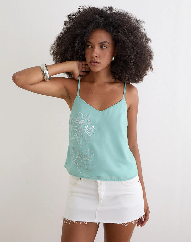 Haut Tavina en mousseline à motifs floraux et paillettes, couleur turquoise