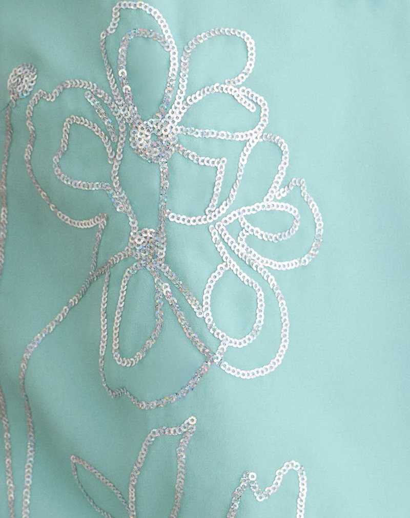 Haut Tavina en mousseline à motifs floraux et paillettes, couleur turquoise