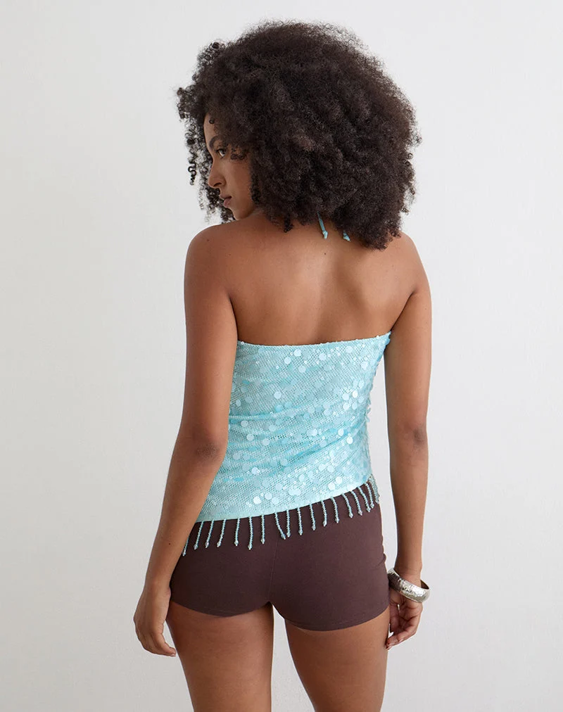 Haut Arlela en tulle à paillettes bleu avec ourlet orné de perles