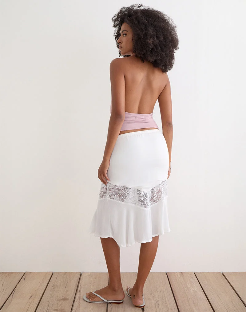Jupe mi-longue Linus avec empiècement en dentelle, couleur blanc cassé froissé