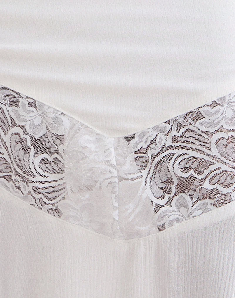 Jupe mi-longue Linus avec empiècement en dentelle, couleur blanc cassé froissé