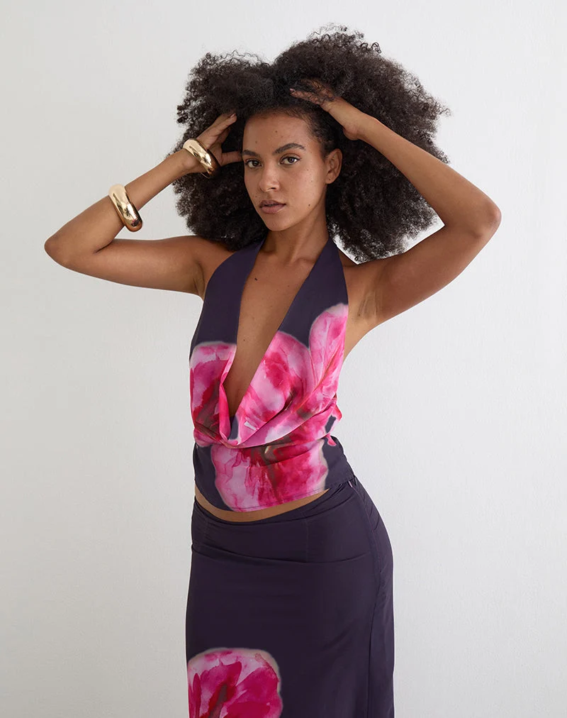 Haut à encolure cache-cœur Bujau en mousseline violette, motif « Desert Flower »