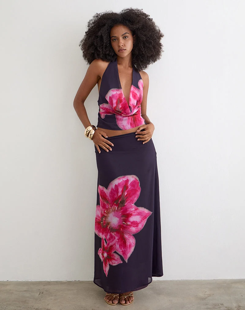 Haut à encolure cache-cœur Bujau en mousseline violette, motif « Desert Flower »