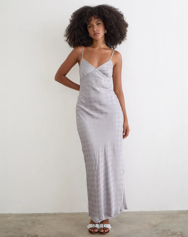 Robe longue Alenya en mousseline, motif à pois monochrome gris argenté