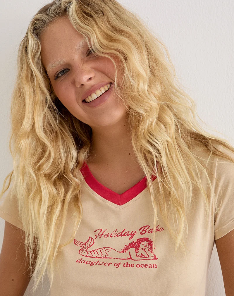 Haut Parman couleur beige avec bordure rouge et motif sirène