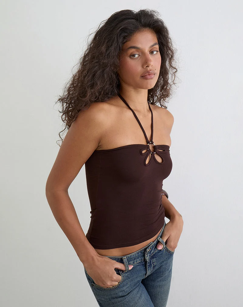 Haut à col licou Baya avec anneau fleuri, couleur chocolat amer