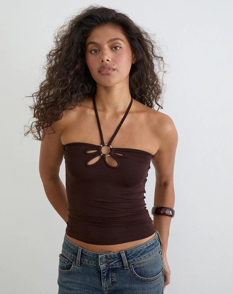Haut à col licou Baya avec anneau fleuri, couleur chocolat amer