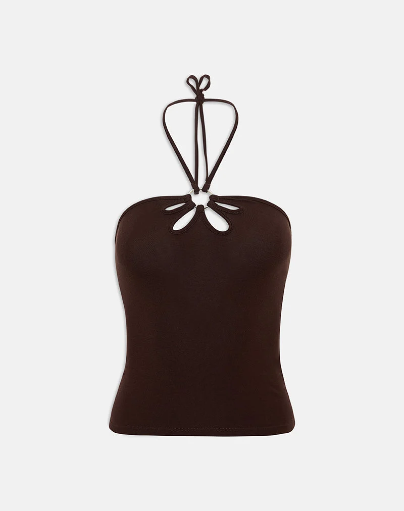 Haut à col licou Baya avec anneau fleuri, couleur chocolat amer