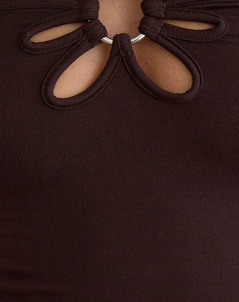 Haut à col licou Baya avec anneau fleuri, couleur chocolat amer