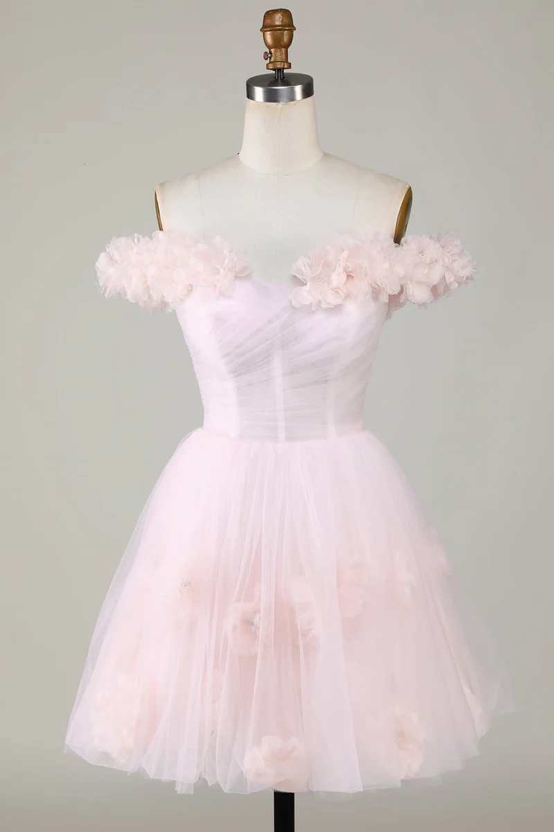 Robe de soirée trapèze rose à épaules dénudées avec détails floraux, style élégant