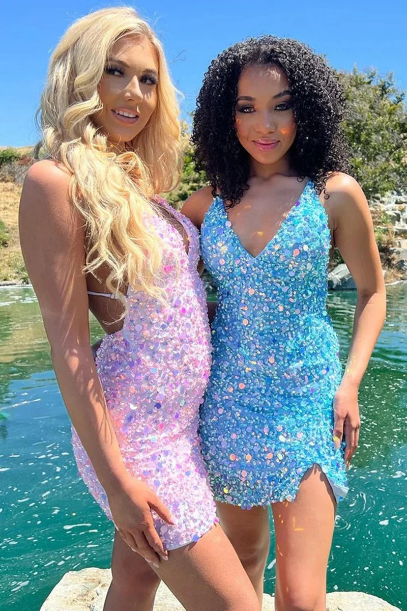 Robe de soirée dos nu à paillettes roses scintillantes : courte, dos nu et idéale pour la fête