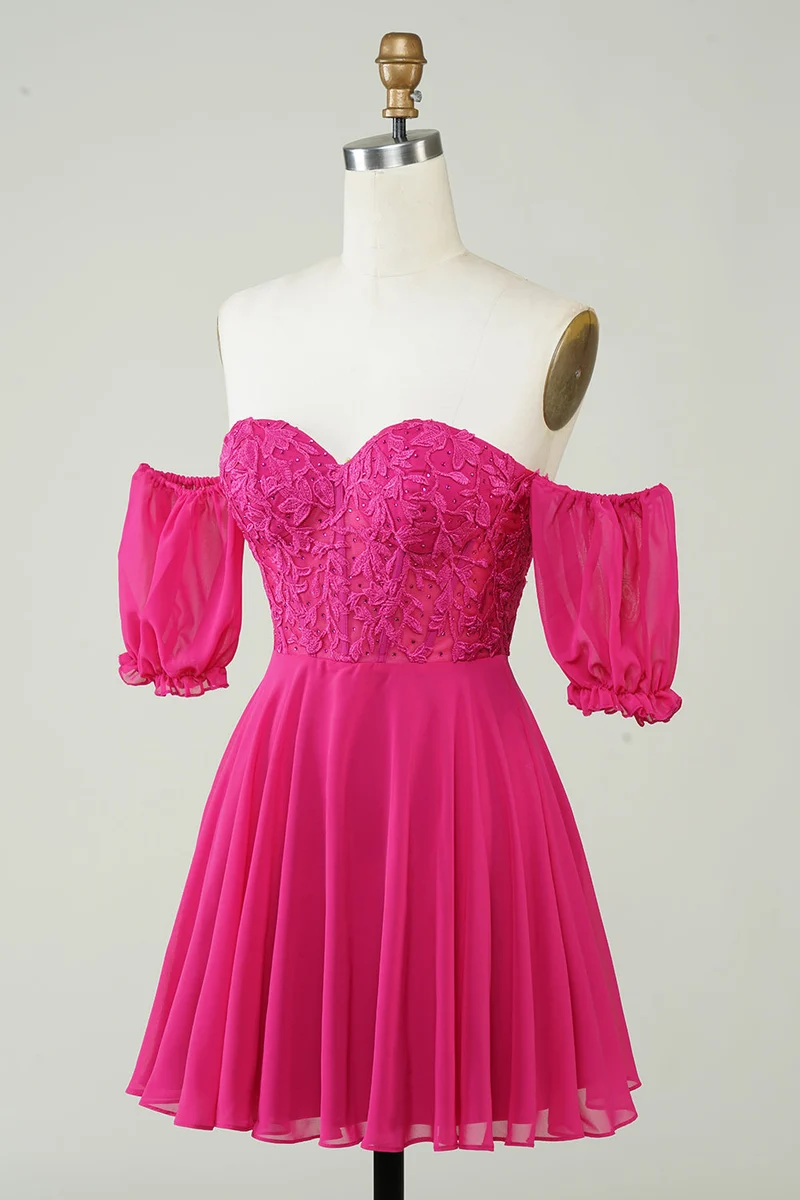 Robe de soirée courte fuchsia en mousseline de soie avec corset et dentelle délicate