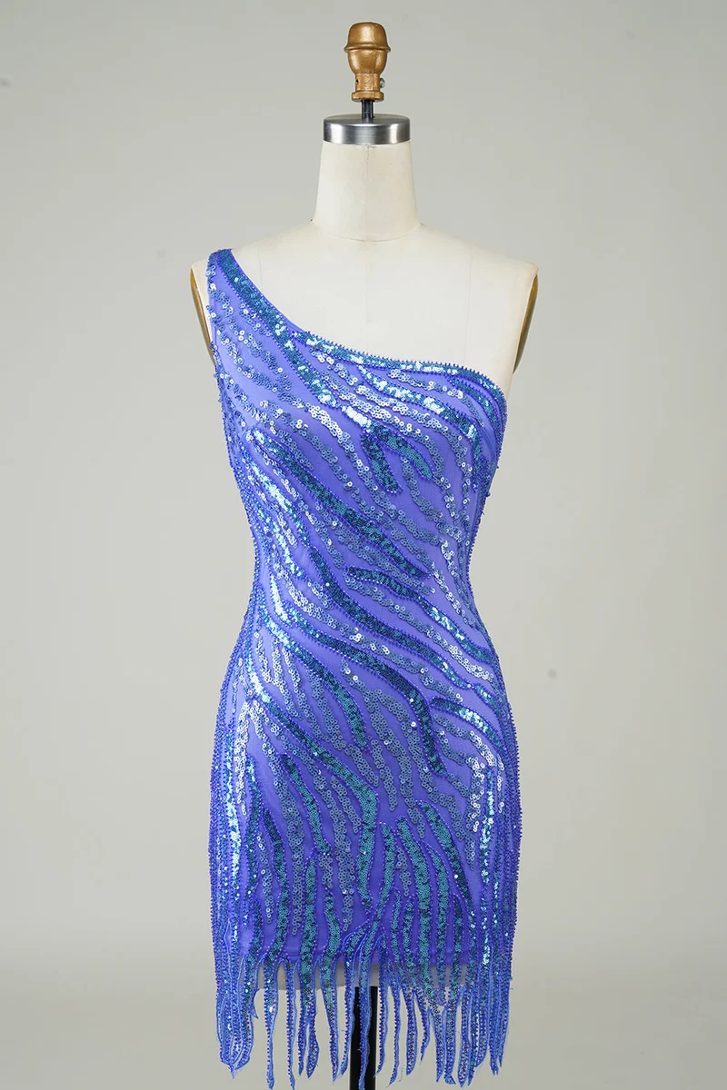 Robe fourreau courte à une épaule et sequins bleus avec pompons