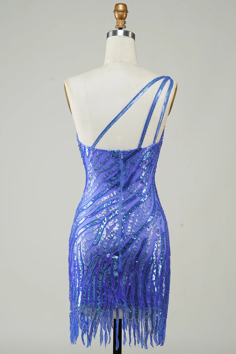 Robe fourreau courte à une épaule et sequins bleus avec pompons