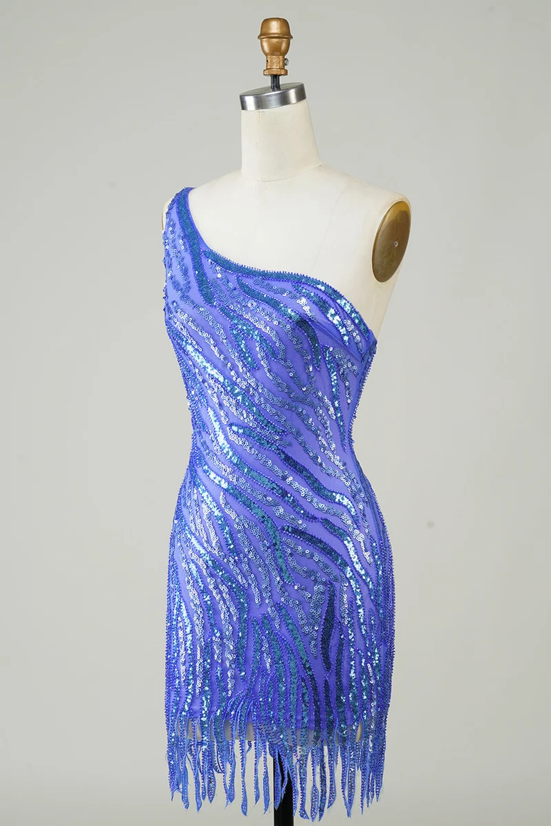 Robe fourreau courte à une épaule et sequins bleus avec pompons