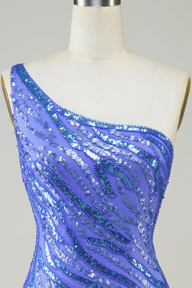 Robe fourreau courte à une épaule et sequins bleus avec pompons