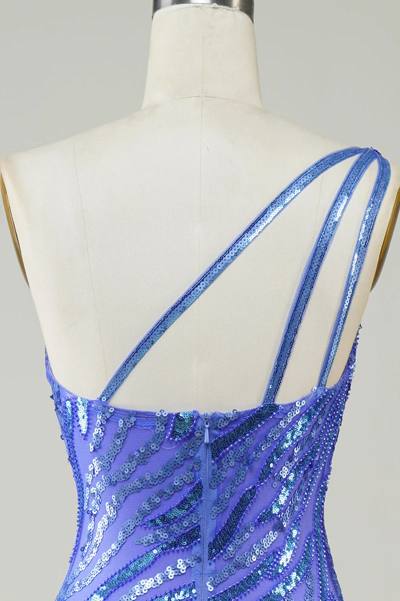 Robe fourreau courte à une épaule et sequins bleus avec pompons