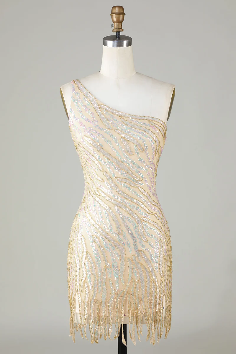 Robe fourreau courte à une épaule et sequins bleus avec pompons