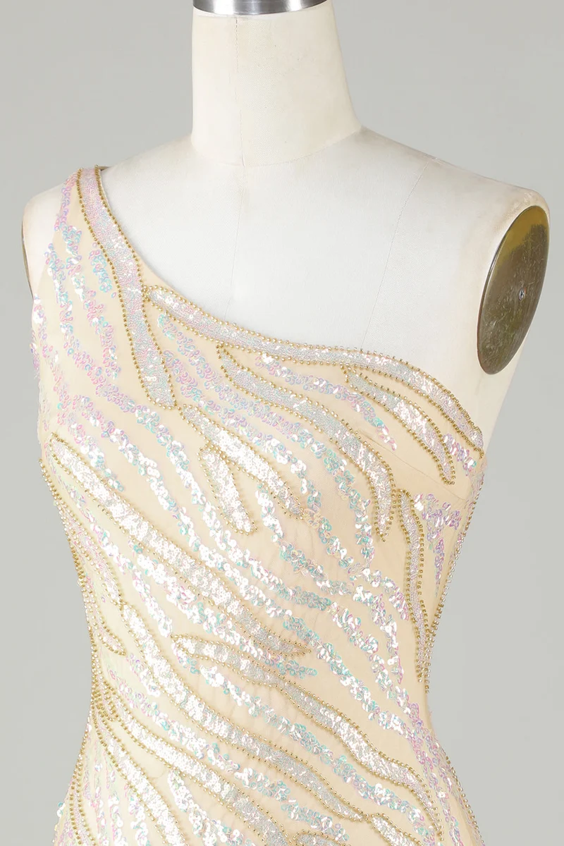 Robe fourreau courte à une épaule et sequins bleus avec pompons
