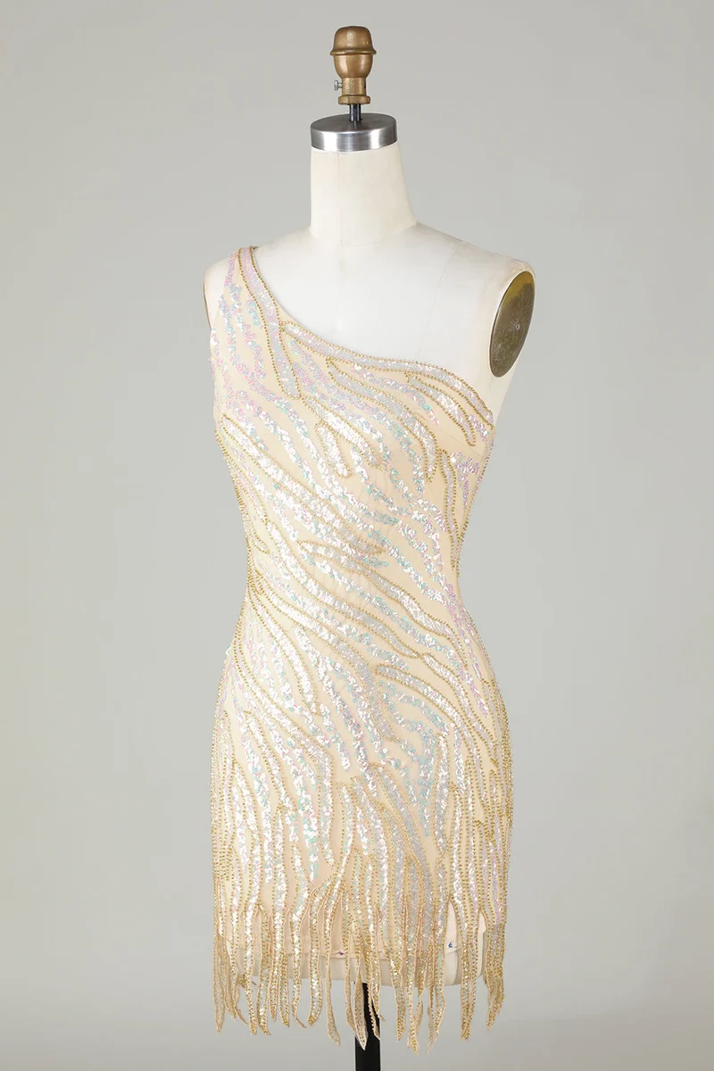 Robe fourreau courte à une épaule et sequins bleus avec pompons