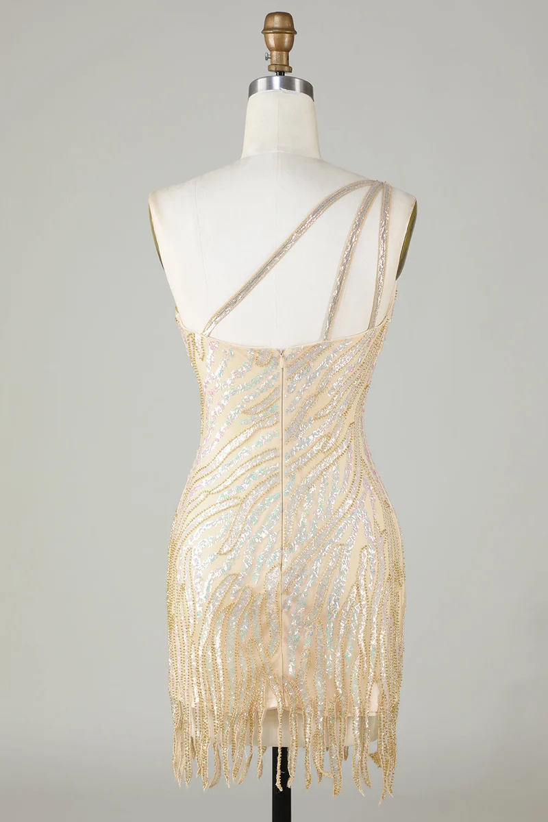Robe fourreau courte à une épaule et sequins bleus avec pompons