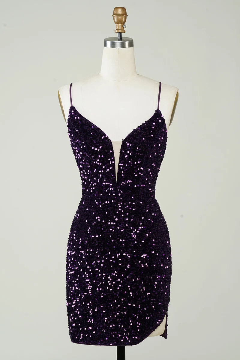 Robe de soirée violette à paillettes et dos nu avec fente - Scintillante et moulante