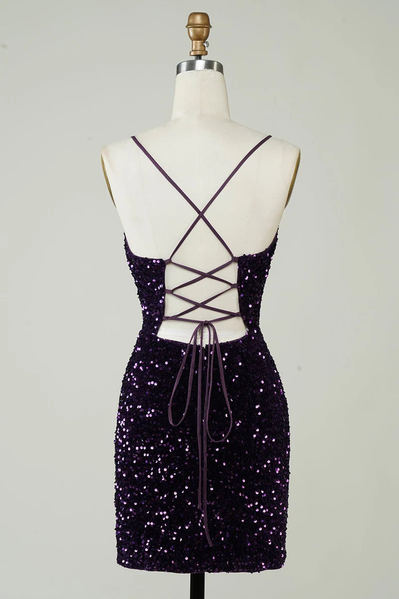 Robe de soirée violette à paillettes et dos nu avec fente - Scintillante et moulante
