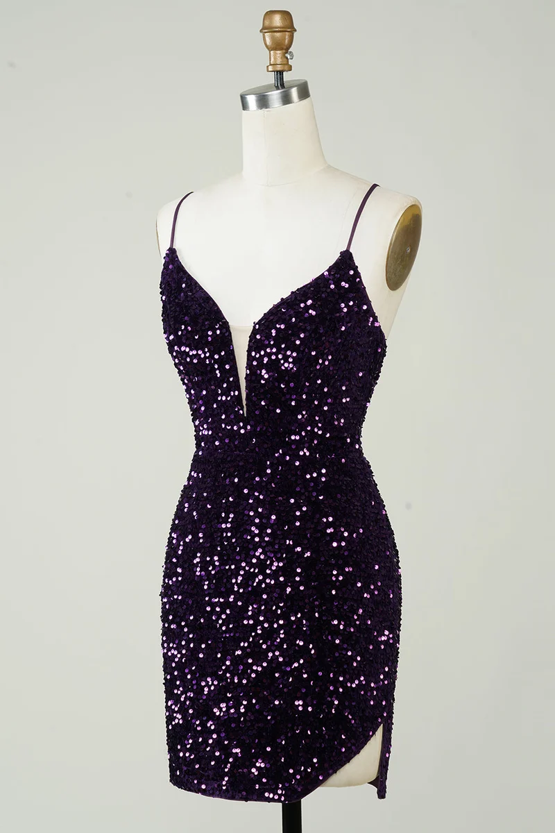 Robe de soirée violette à paillettes et dos nu avec fente - Scintillante et moulante
