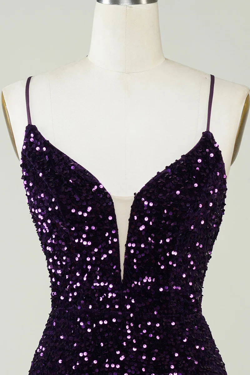 Robe de soirée violette à paillettes et dos nu avec fente - Scintillante et moulante