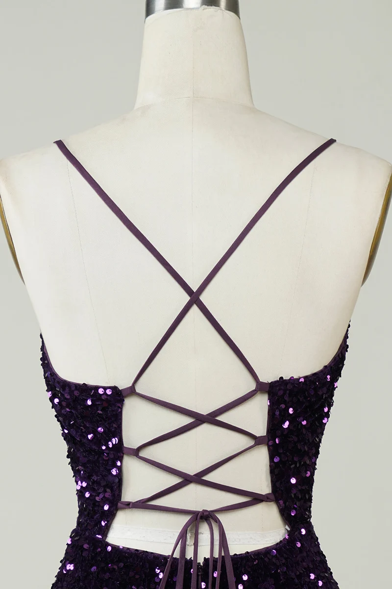 Robe de soirée violette à paillettes et dos nu avec fente - Scintillante et moulante