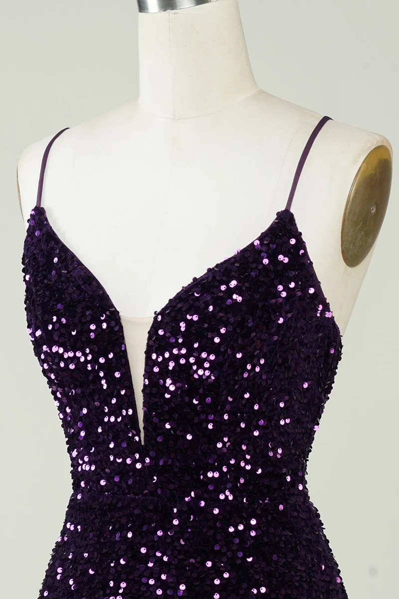 Robe de soirée violette à paillettes et dos nu avec fente - Scintillante et moulante