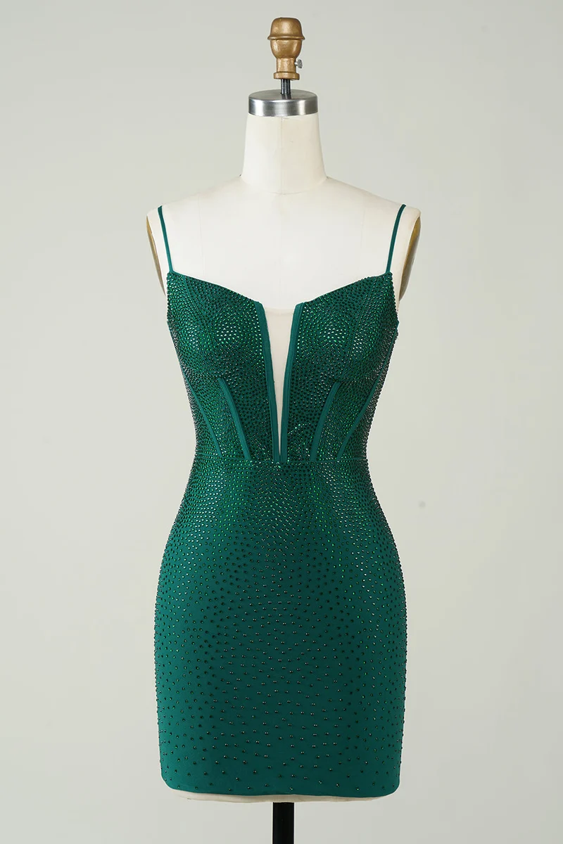 Robe de soirée moulante vert foncé à bretelles spaghetti et paillettes avec perles