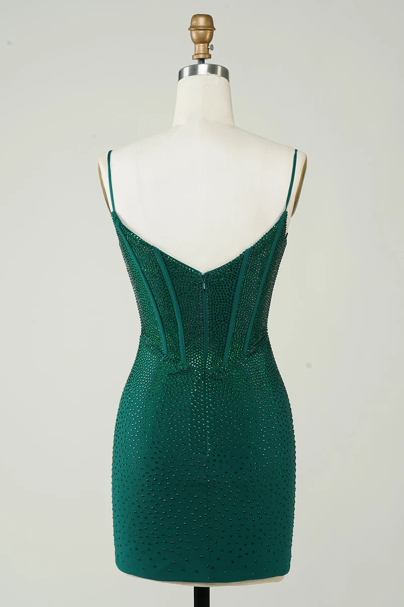 Robe de soirée moulante vert foncé à bretelles spaghetti et paillettes avec perles