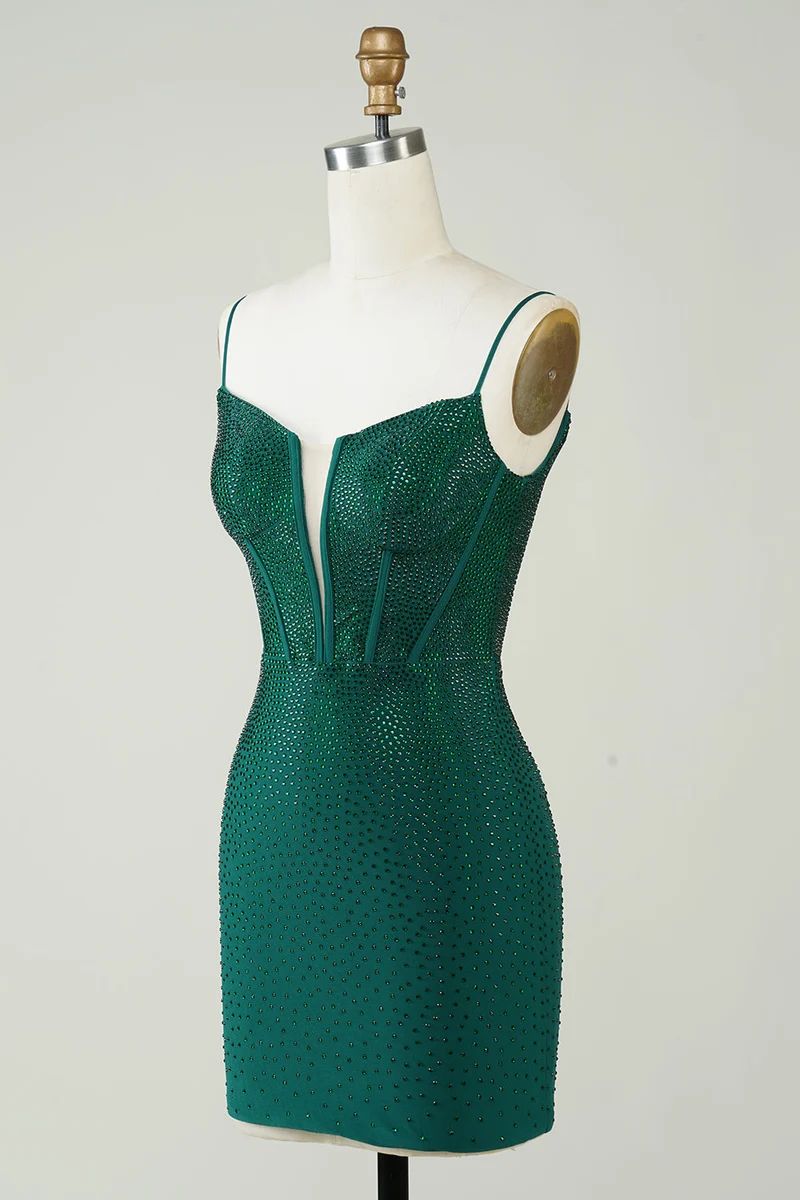 Robe de soirée moulante vert foncé à bretelles spaghetti et paillettes avec perles