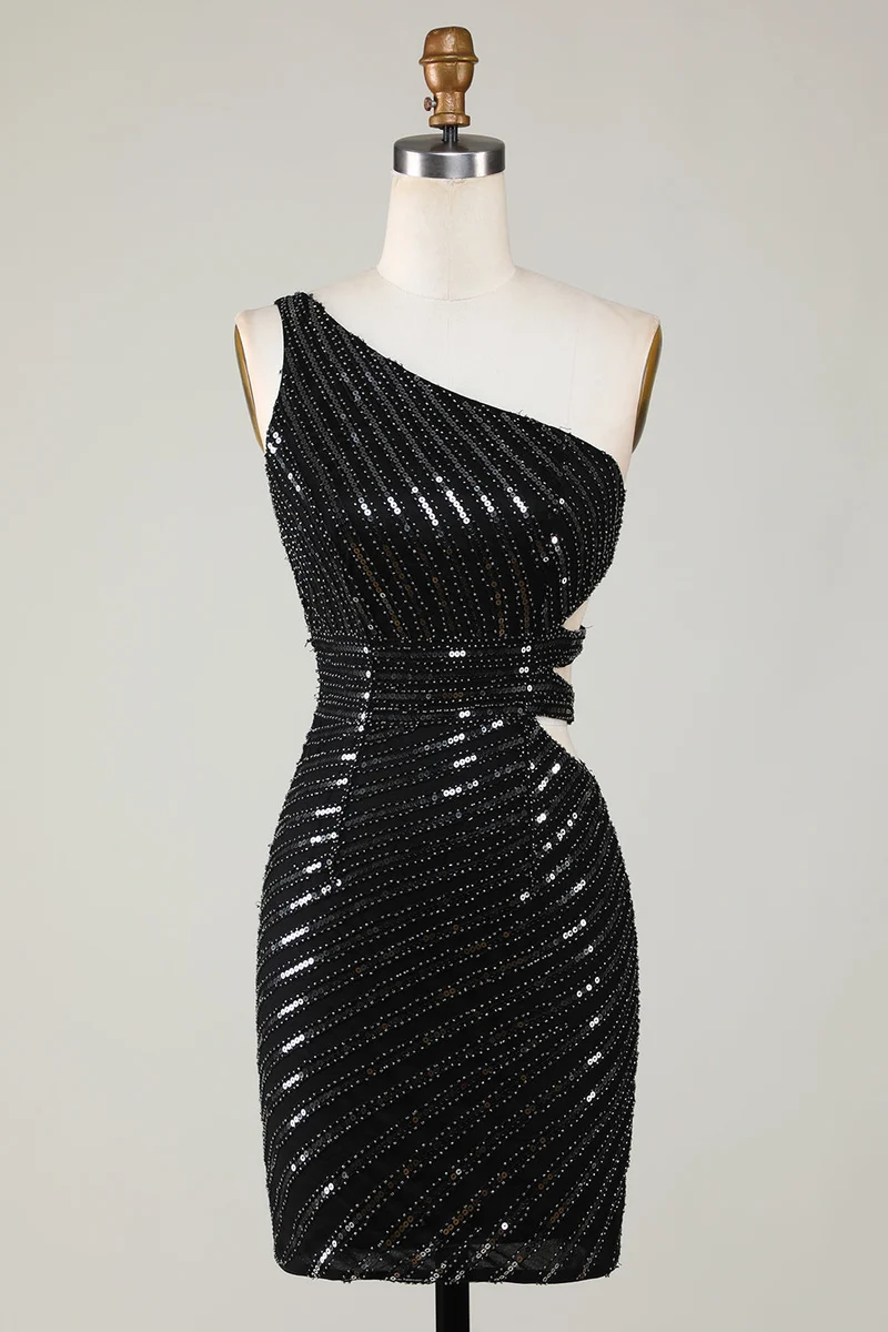 Robe de soirée moulante noire élégante à une épaule et sequins avec découpe