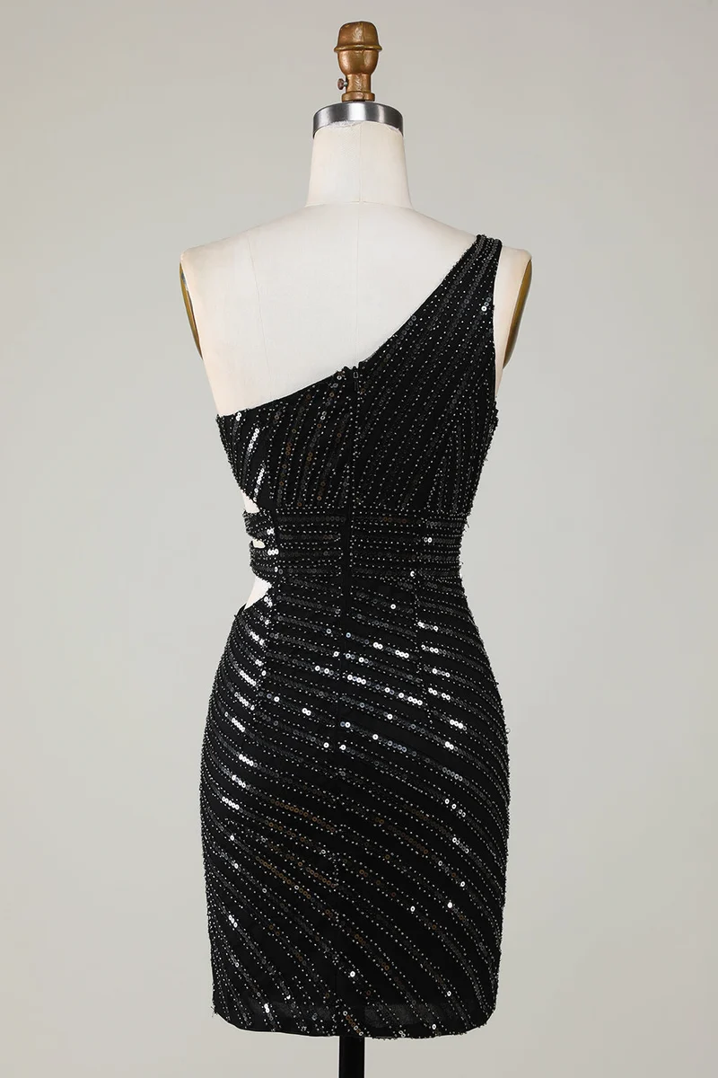 Robe de soirée moulante noire élégante à une épaule et sequins avec découpe