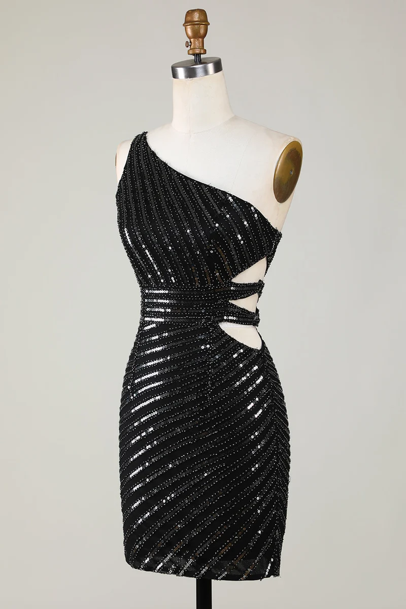 Robe de soirée moulante noire élégante à une épaule et sequins avec découpe