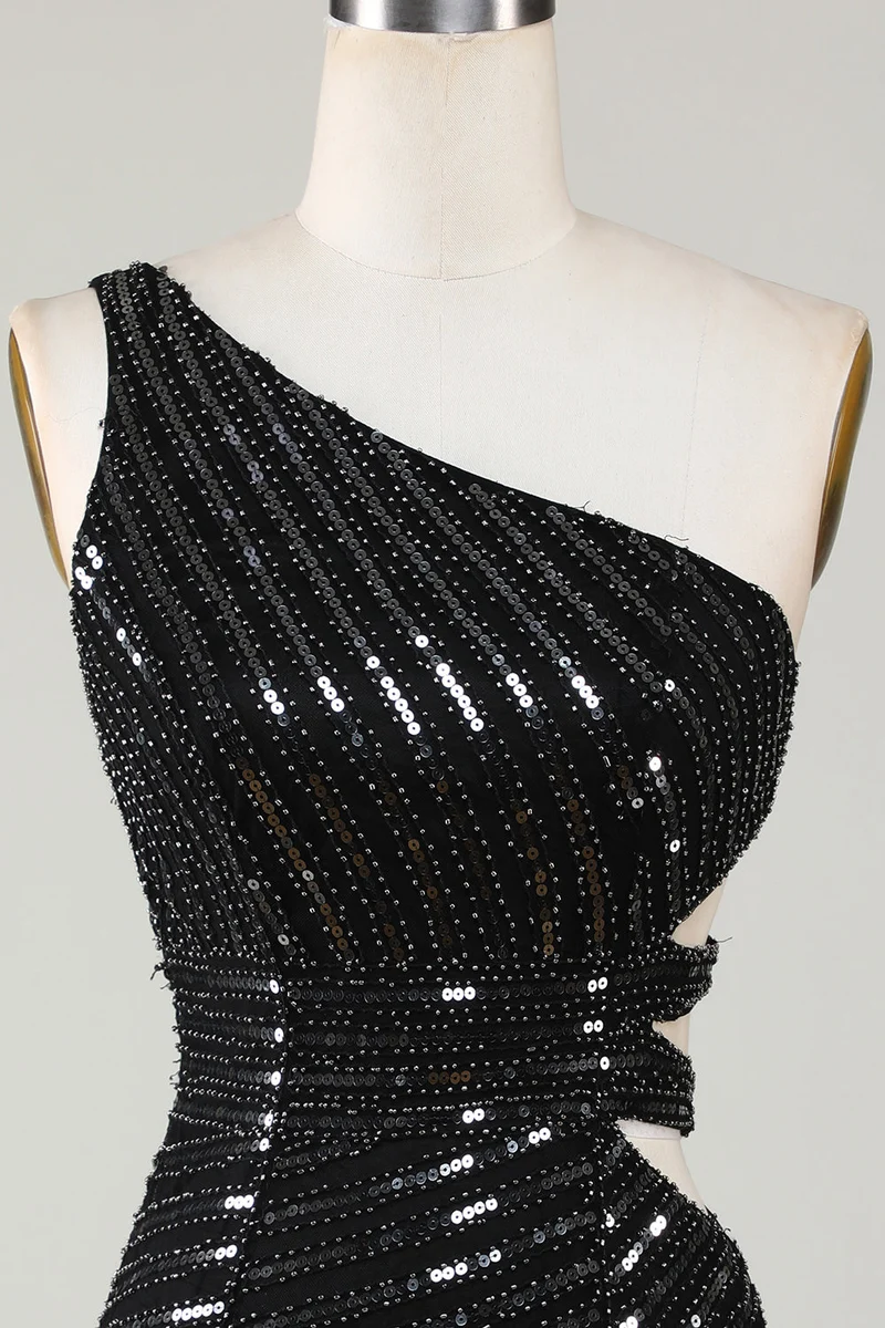 Robe de soirée moulante noire élégante à une épaule et sequins avec découpe