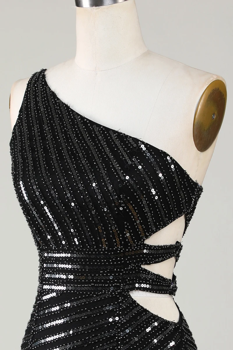 Robe de soirée moulante noire élégante à une épaule et sequins avec découpe