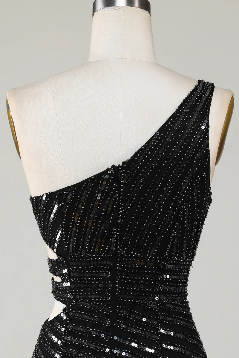 Robe de soirée moulante noire élégante à une épaule et sequins avec découpe
